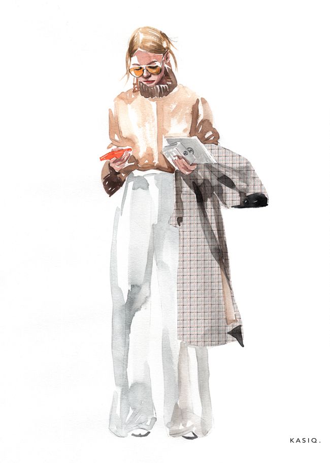 a watercolor painting of a man in white pants and a coat holding a pair of scissors