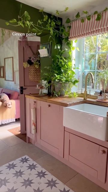 a kitchen with pink cabinets and green plants on the window sill above the sink