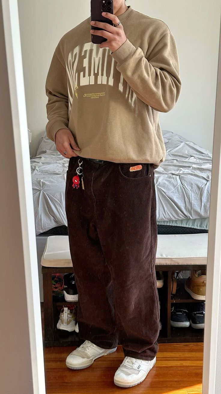 Brown match🤎- #Brown #Fit Check more at https://howcandothis.com/manstyle/brown-match%f0%9f%a4%8e/ Styling Brown Pants Men, Zumiez Outfits Men, Brown Pants Streetwear, Calm Fits Men, Nb 550 Outfit Men, Nb 550 Outfit, Zumiez Shoes, Brown Pants Outfit Men, Bummy Fits