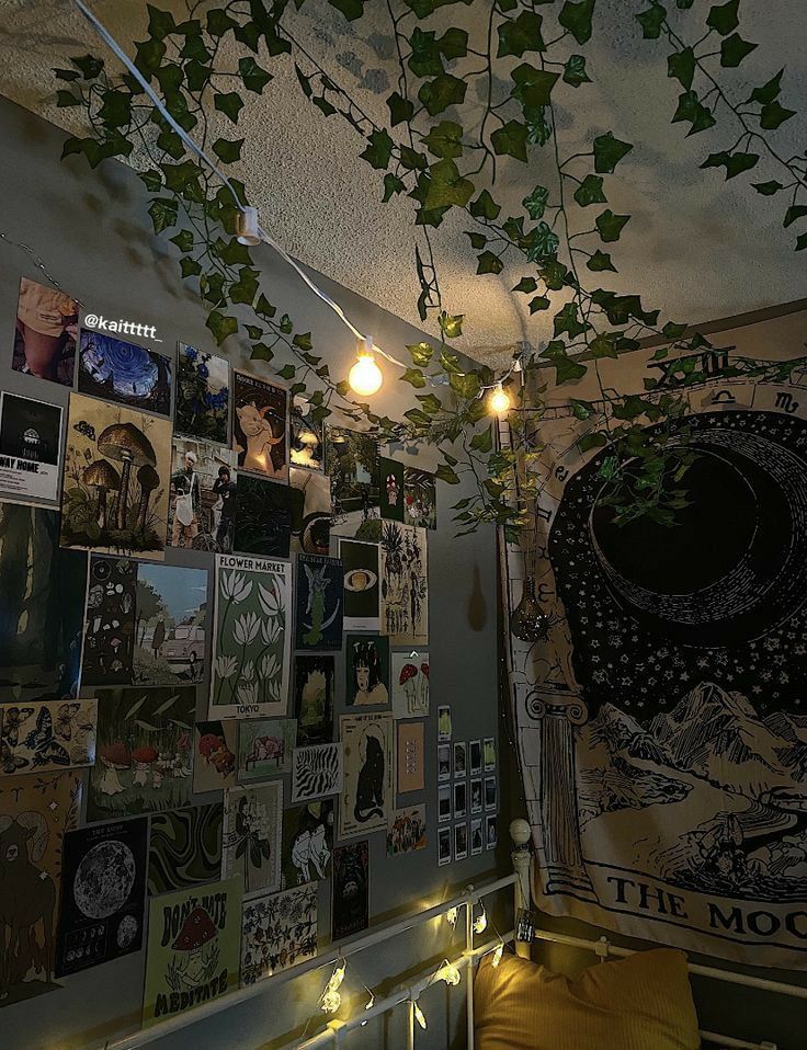 a room with posters on the wall and lights hanging from the ceiling, along with plants