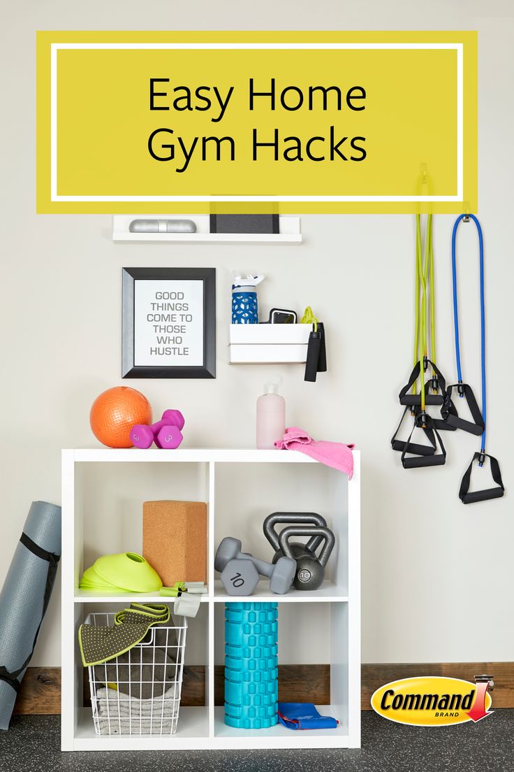 a white shelf filled with different types of gym equipment and accessories next to a yellow sign that says easy home gym hacks