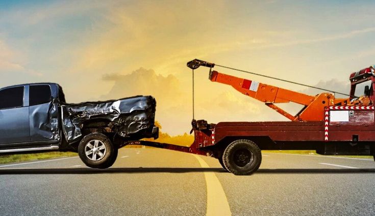 a tow truck towing a car on the side of the road with an orange crane attached to it