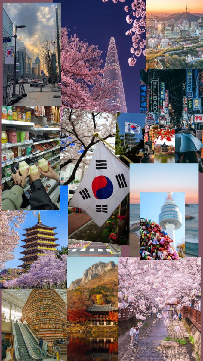 a collage of photos with cherry blossoms and buildings