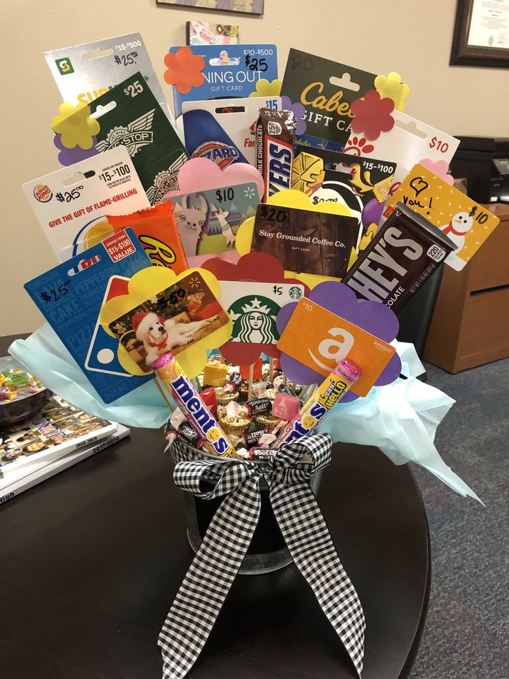 a basket filled with lots of different items on top of a black table next to a wall