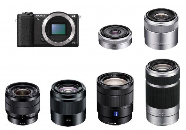 many different types of cameras are shown in this image, including one with the same lens