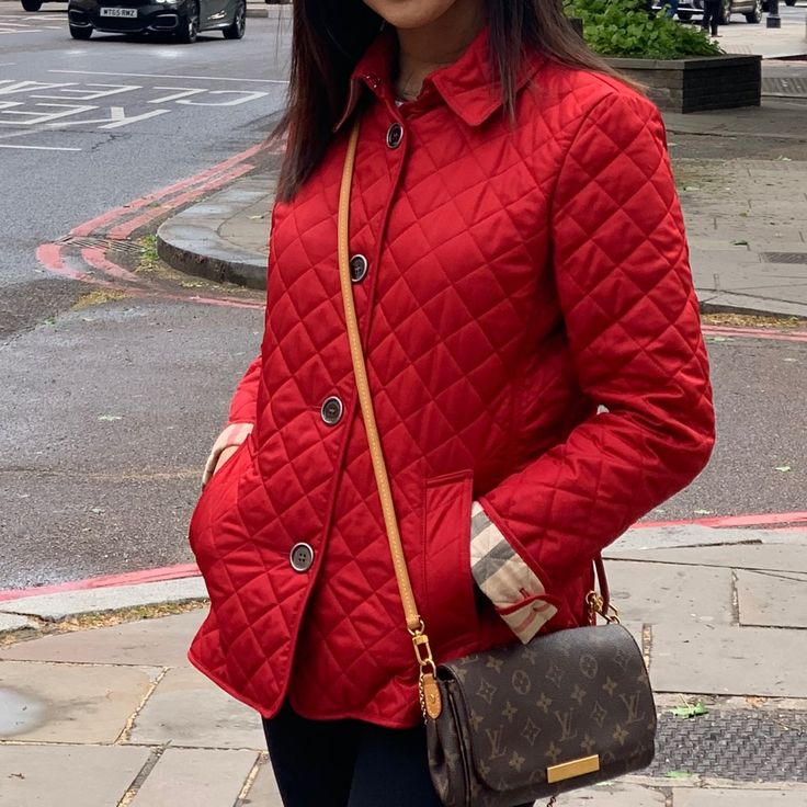 Red Burberry Quilted Jacket. Perfect For Spring. Luxury Red Down Outerwear, Luxury Red Outerwear With Padded Collar, Luxury Red Puffer Jacket For Outdoor, Red Quilted Long Sleeve Outerwear, Burberry Quilted Jacket, Luxury Red Double-breasted Outerwear, Burberry Brit, Red Jacket, Quilted Jacket