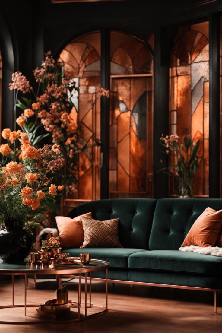 Immerse yourself in the enchanting embrace of this living room, where copper elegance meets stained glass charm. Majestic copper-framed windows with intricate stained glass panels bathe the space in a warm, ethereal light. A sumptuous green velvet sofa, adorned with copper-hued cushions, takes center stage. A delicate copper coffee table and lush floral arrangements add layers of sophistication, perfect for tranquil repose. Copper And Green Living Room, Green And Copper Bedroom, Copper Accents Living Room, Equestrian Library, Blue And Copper Living Room, Copper Decor Living Room, Copper Decor Accents, Tudor Castle, Orange Coffee Table