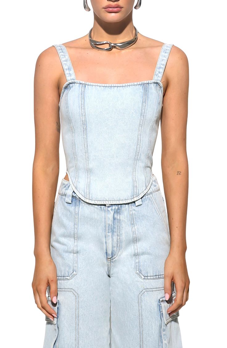 Beloved denim delves into the sultry section of your closet with a corset designed with topstitched details and turned to a sun-baked fade. 16" to 20" length (size Medium) Back zip closure Square neck 100% cotton Dry clean or hand wash, line dry Imported Spring Blue Denim Corset, Denim Blue Summer Corset, Sleeveless Denim Blue Corset For Summer, Dark Wash Summer Corset, Dark Wash Denim Corset For Summer, Summer Dark Wash Denim Corset, Casual Denim Blue Summer Corset, Casual Denim Blue Corset For Summer, Denim Blue High Waist Fitted Corset