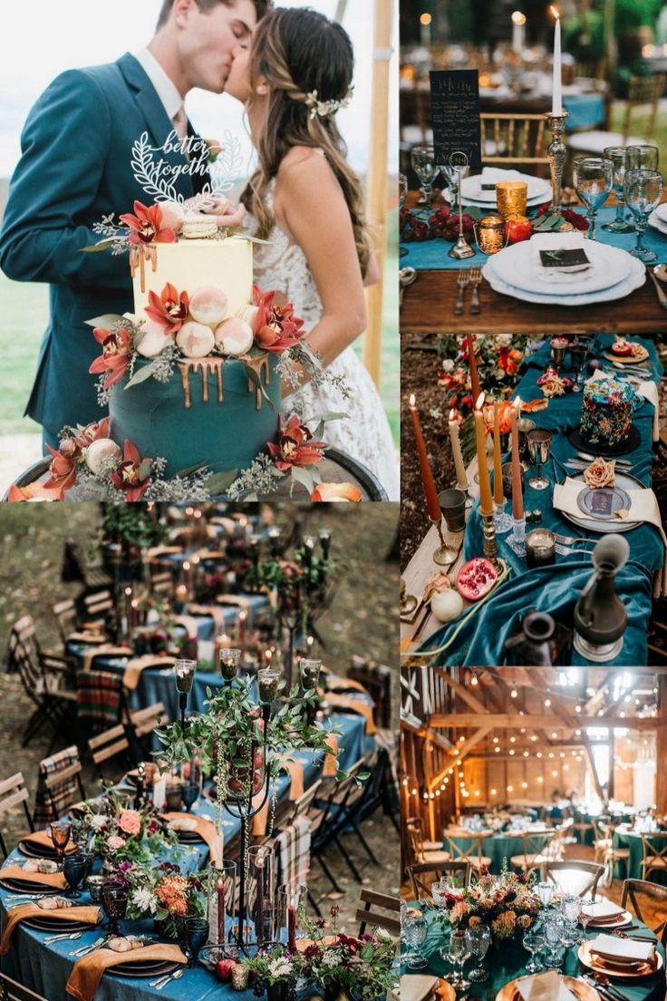 a couple kissing in front of a table full of food