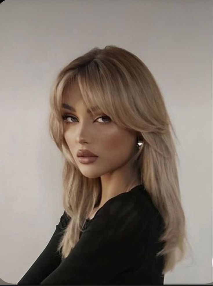 Blond girl with curtain bangs. New trendy curtain bangs. Trend of 2022. Middle part hair bangs Blonde Hair With Bangs, Medium Layered Hair, Medium Length Hair With Layers, Bangs With Medium Hair, Hairstyles For Layered Hair, Blonde Hair Inspiration, Haircuts For Medium Hair, Haircuts Straight Hair, Long Hair With Bangs