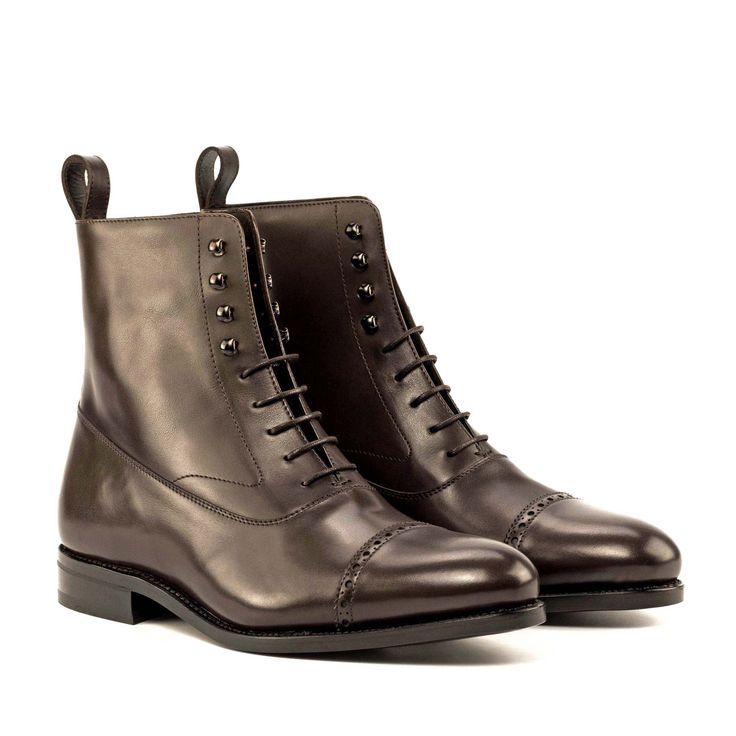 A Balmoral boot is the epitome of a formal boot. With all the sophistication and class of an oxford, the Balmoral boot gains it's inspiration from vintage European styles. Featuring closed channel lacing and a sleek silhouette, Balmoral boots frequently highlight a contrasting upper panel. The Details: *Fast Lane 7 day MTO Materials: dark brown box calf Sole: brown Goodyear leather sole plain Last: Zurigo - Rounded toe for fraditional English Look What is Fast Lane? Fast lane is our new experime Men Dress Boots, Balmoral Boots, Jodhpur Boots, Mens Dress Boots, Brogue Boots, Custom Made Shoes, Vintage European, Old Shoes, Leather Artisan