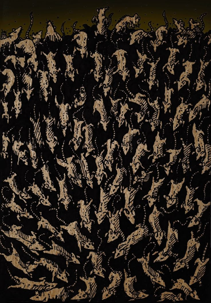 an abstract painting with black and gold colors on the bottom half of it, depicting many people