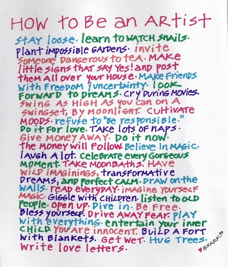 a piece of paper with words written in different colors on it and the words how to be an artist