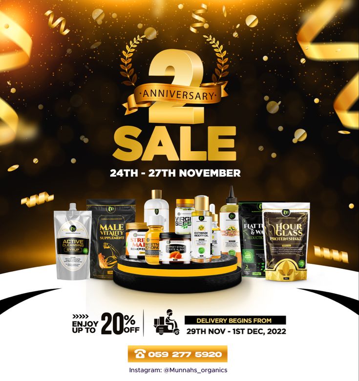 an advertisement for the anniversary sale with gold and black items on display in front of it