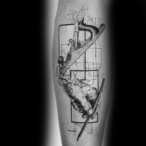 a man's leg with a tattoo on it and an image of a person holding a