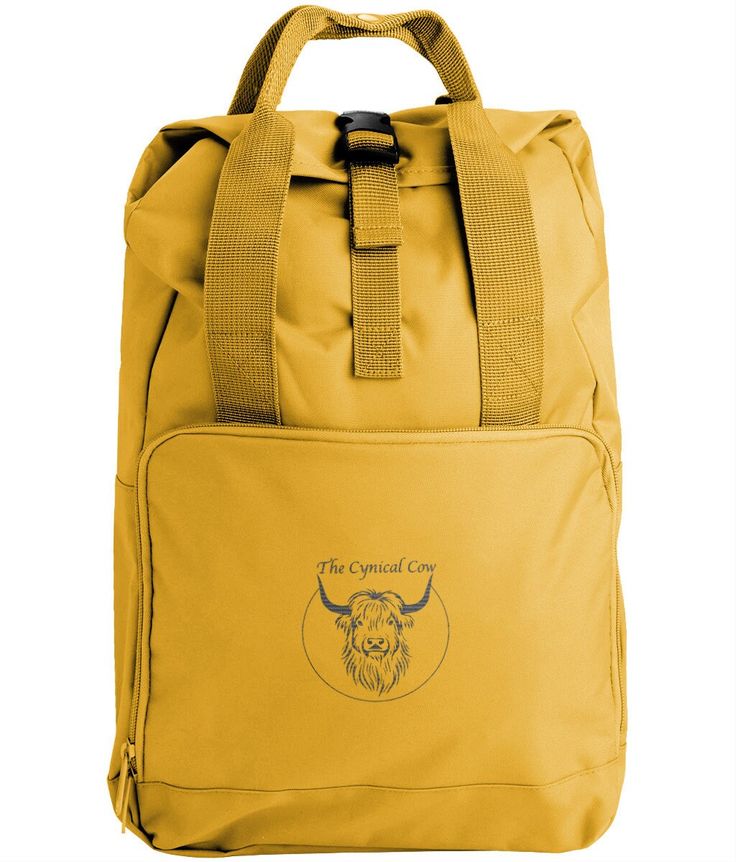 a yellow backpack with a bull head on it's front and side zippers