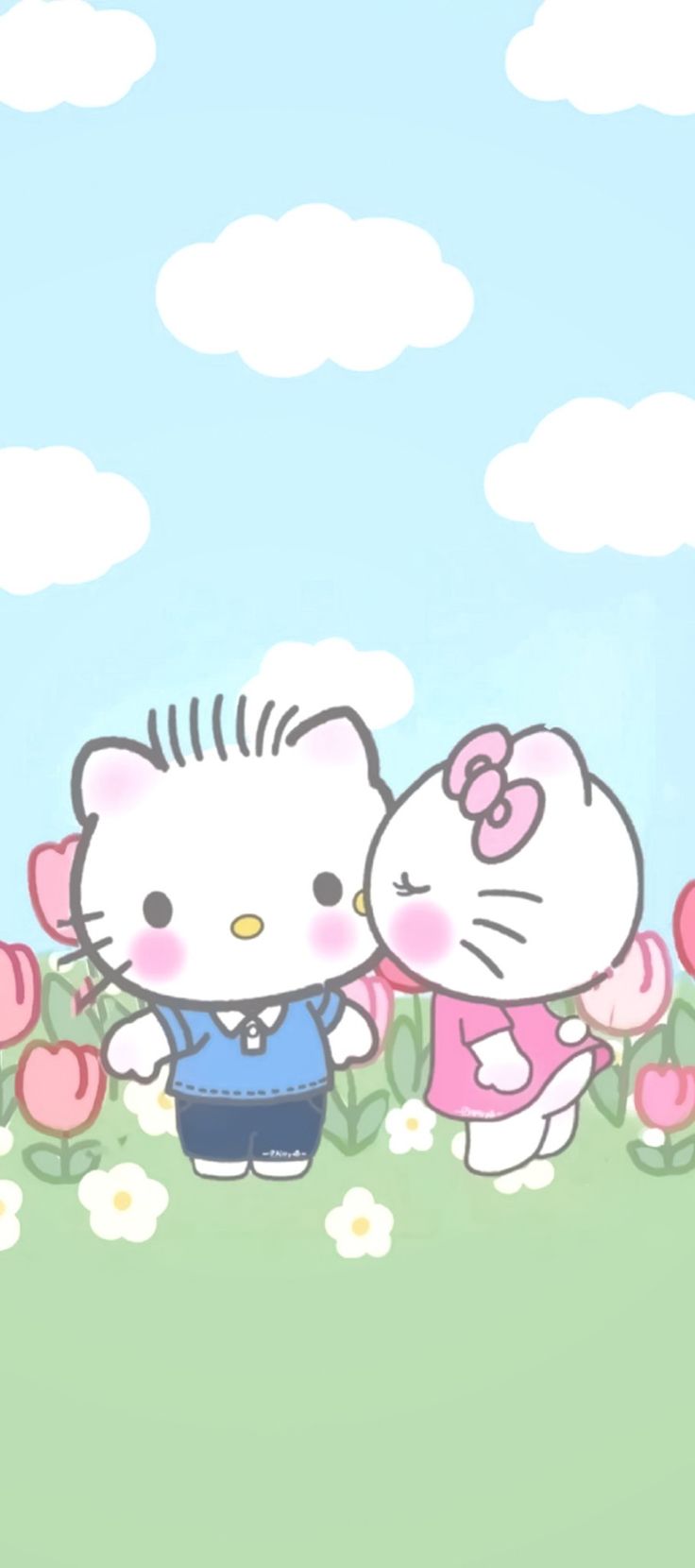 an image of hello kitty kissing her friend in the field with flowers and sky background