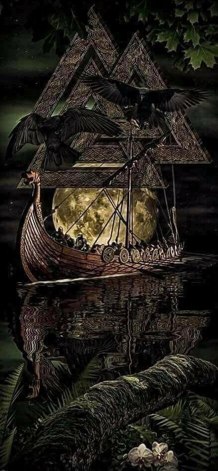 a boat floating on top of a body of water under a full moon with birds perched on it