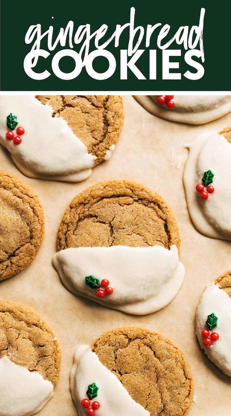 gingerbread cookies with white frosting and holly decorations