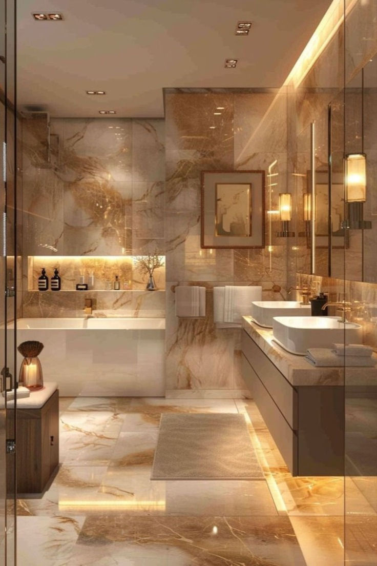 an elegant bathroom with marble floors and walls