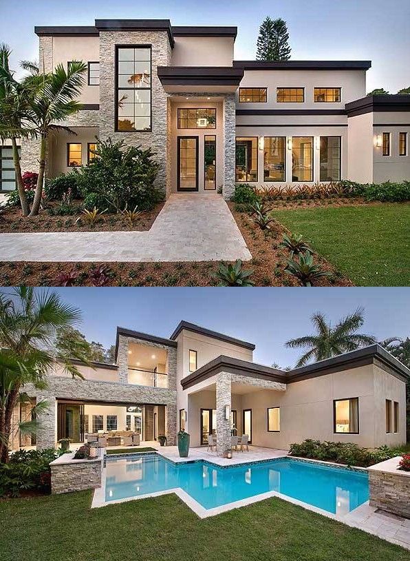 two pictures of the same house and pool