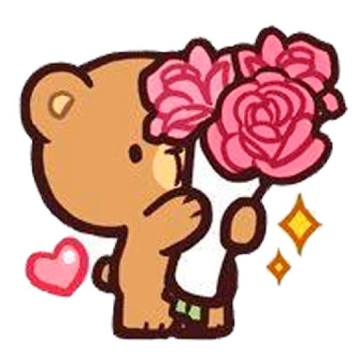 a teddy bear holding a bunch of flowers in it's hand with hearts on the side