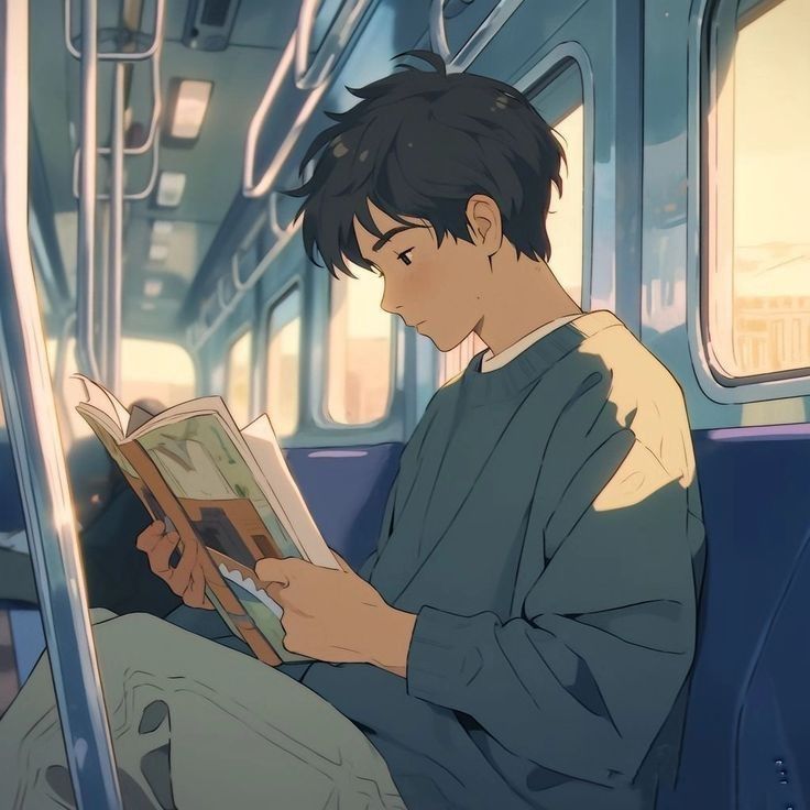 a man sitting on a bus reading a book