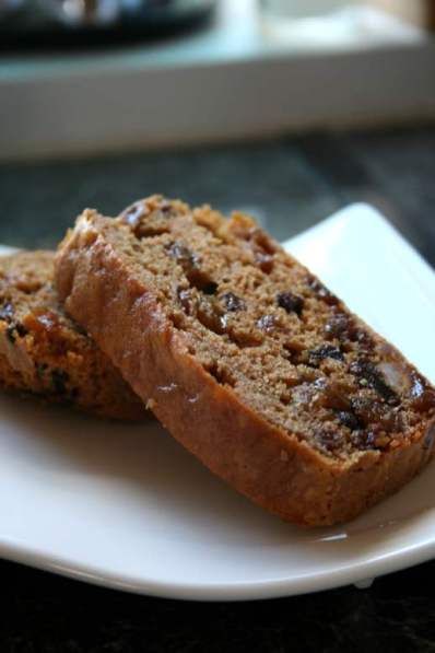 two slices of banana bread on a white plate