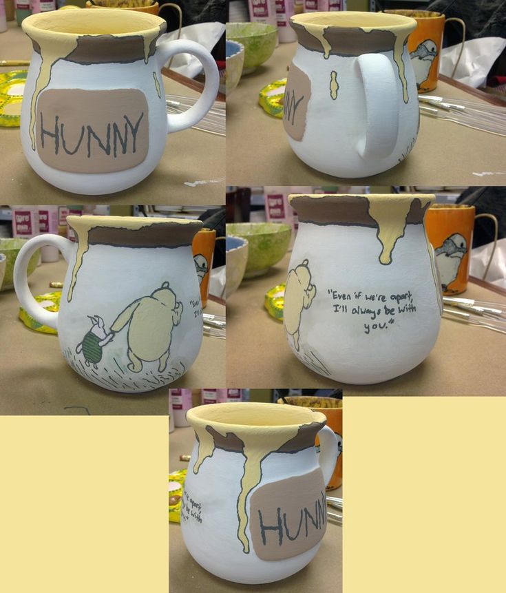 there are four pictures of mugs that have been painted with animals and words on them