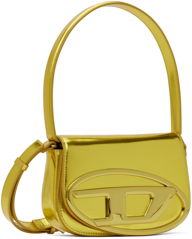 Patent leather shoulder bag in metallic yellow. · Fixed shoulder strap · Adjustable and detachable crossbody strap · Logo hardware at face · Magnetic press-stud flap · Patch pocket at two-compartment interior · Logo-woven moiré lining · H5 x W7.5 x D2.25 Supplier color: Yellow Gold Shoulder Bag With Logo Hardware For Evening, Modern Gold Shoulder Bag With Branded Hardware, Modern Gold Bag With Logo Hardware, Modern Tan Shoulder Bag With Logo Hardware, Gold Rectangular Bag With Logo Hardware, Rectangular Gold Bag With Logo Hardware, Designer Gold Shoulder Bag With Logo Hardware, Gold Shoulder Bag With Logo Hardware, Gold Crossbody Bag With Logo Hardware