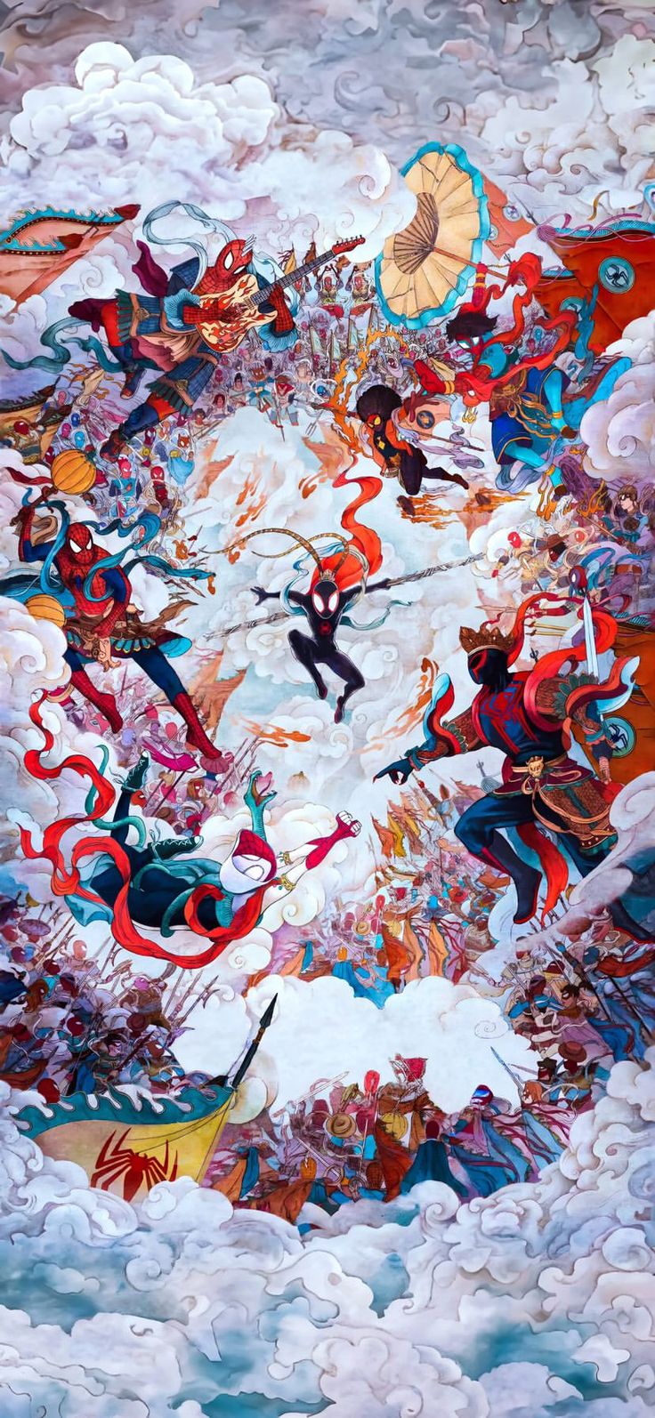 an abstract painting with many people and umbrellas in the sky above some white clouds