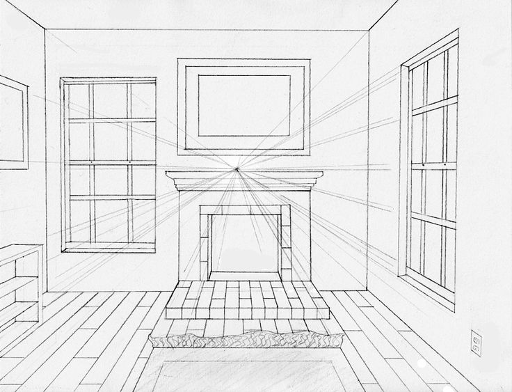 a drawing of a living room with fireplace and windows