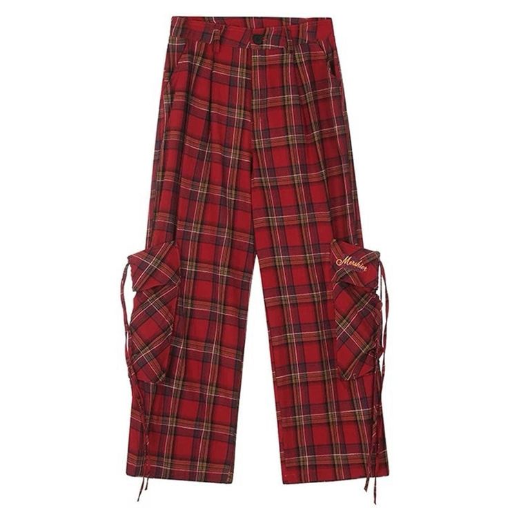 Wide-leg cargo pants with red plaid print. Features multiple pockets, a high-waisted fit, and adjustable drawstring details Size:• S: Waist: 66cm/ 26.0 in, Hips: 112cm/ 44.1 in, Length: 99cm/ 38.9 in• M: Waist: 70cm/ 27.6 in, Hips: 116cm/ 45.7 in, Length: 101cm/ 39.8 in• L: Waist: 74cm/ 29.1 in, Hips: 120cm/ 47.2 in, Length: 103cm/ 40.6 inMaterial: 100% Cotton Plaid Cotton Pants For Streetwear, Baggy Red Cargo Pants With Cargo Pockets, Red Straight Leg Cargo Pants With Pockets, Casual Plaid Bottoms With Pockets, Red Wide Leg Cargo Pants For Fall, Red Straight Leg Cargo Pants, Red Utility Pants With Side Pockets, Red Utility Bottoms With Pockets, Red Casual Bottoms With Multiple Pockets