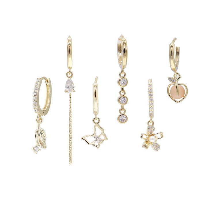 PRICES MAY VARY. A charming fairy fancy tiny small hoop earrings set of six small hoop huggies, with all the adorable cute elements, essential basic daily earrings for every woman, girl and lady. Gold leaf, tiny eye shape CZ butterfly, rhinestone pearl bead flower blossom, teardrop link chain, small apple cherry pink crystal, cubic zirconia ring, all lovely and sweet, for mix and match on helix, double pierced ears, asymmetrical wearing, stacking, layering. 14k gold plated brass, fade-resistant, Double Pierced Ears, Ear Stacks, Daily Earrings, Prom Fashion, Butterfly Rhinestone, Amethyst Crystal Necklace, Bead Flower, Stacked Earrings, Indian Jewelry Sets