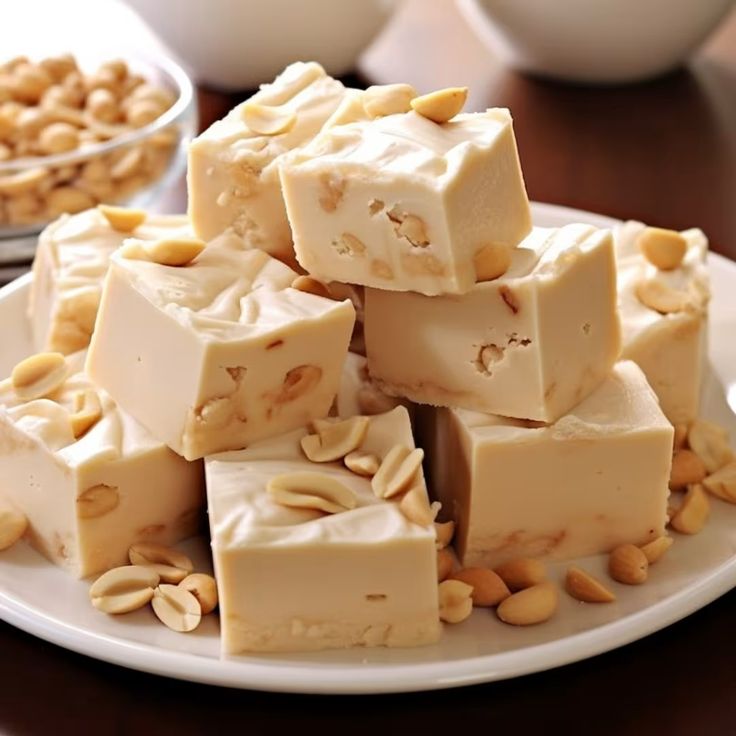 a white plate topped with pieces of fudge and nuts