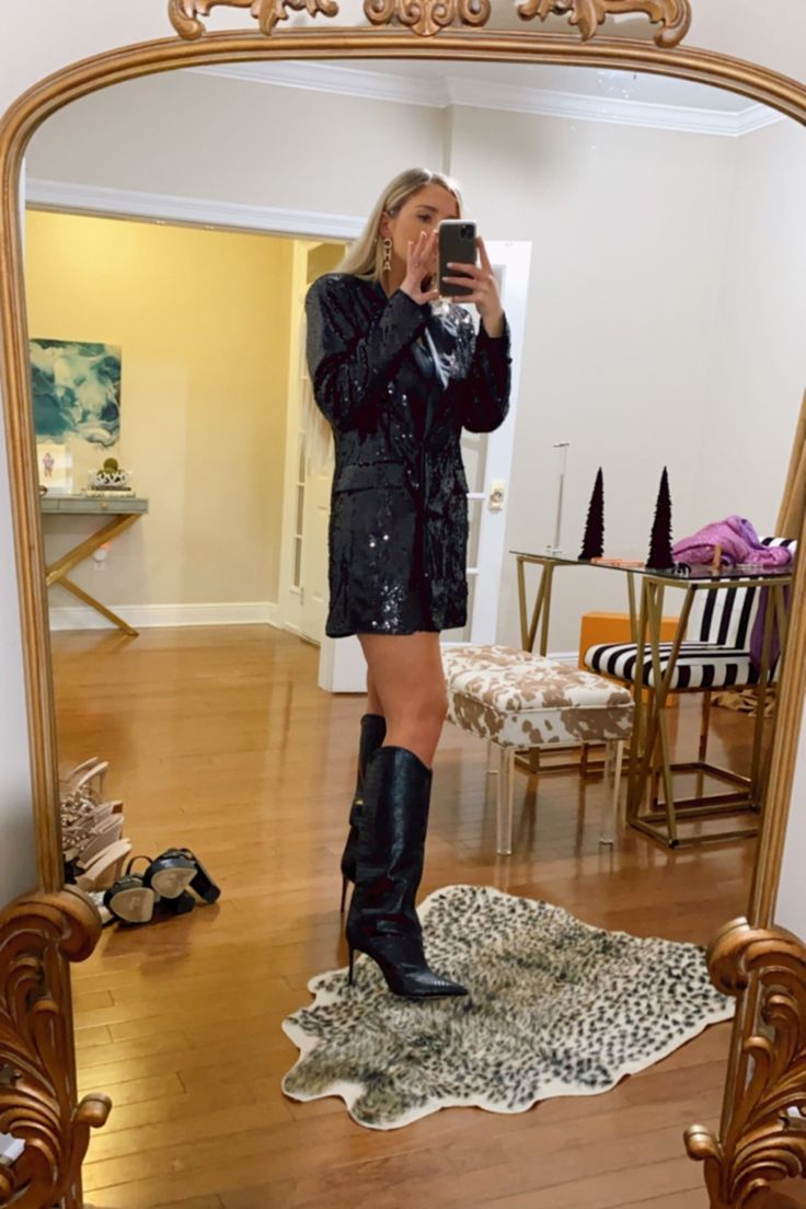 Sequin blazer dress with boots. I’d throw on tights too. Follow my shop @EmilieYawn on the @shop.LTK app to shop this post and get my exclusive app-only content! #liketkit #LTKHoliday #LTKunder50 #LTKshoecrush @shop.ltk https://liketk.it/3ufdV Boots With Sequin Dress, Glitter Dress Outfit Shoes, Sequin Dress With Leather Jacket, Sequin Dress Outfit With Boots, Sequin Dress And Boots, Sequin Boots Outfit, Blazer Dress With Boots, Sequin Dress With Boots, Glitter Dress Outfit