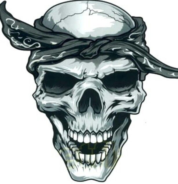 a skull with horns and a bandana on it's head is seen in this image