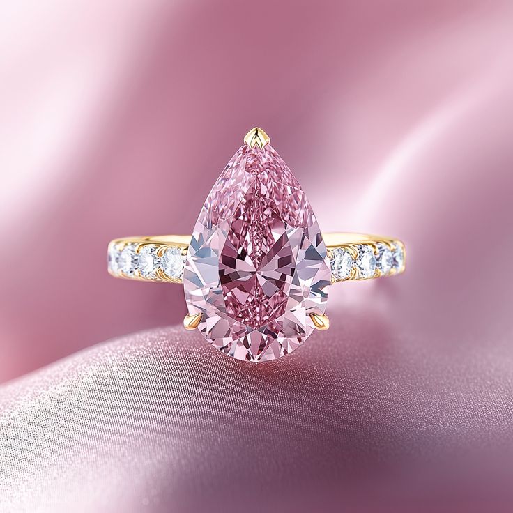 The Celina 3CT Pear Cut Pink Moissanite Ring The Celina ring captures the essence of timeless elegance with a stunning pear-shaped pink moissanite, known for its unmatched brilliance and fire. This exquisite piece showcases the beauty of moissanite, a gemstone that rivals the quality and radiance of diamonds while offering superior value. Crafted to perfection, The Celina ensures a flawless fit with true-to-US sizing and comes with the assurance of free replacements and exchanges. Whether it's t Wedding Ring Pink Diamond, Unique Pink Engagement Rings, Pink Wedding Ring, Pink Moissanite Ring, Cushion Cut Halo Ring, Glam Accessories, Blue Centerpieces, Moss Agate Jewelry, Rose Gold Moissanite Ring