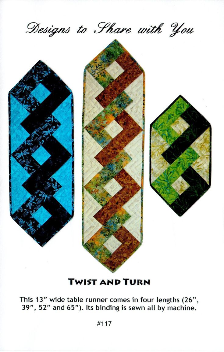 three different designs to make with you twist and turn quilt bookmarks, one in blue, the other in green