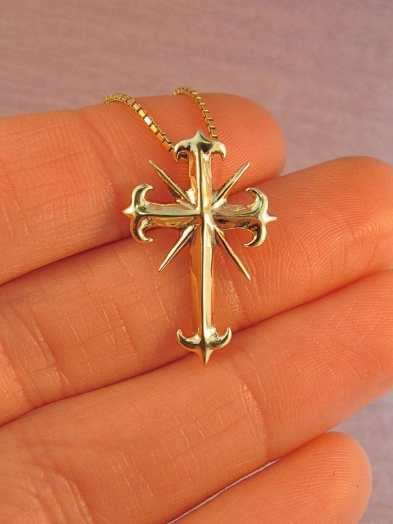 Gold Cross Necklace - Gothic Cross Pendant - 14k Gold Charm Cross Jewelry Gothic Gold Cross Pendant Jewelry, Medieval Engraved Cross Pendant Jewelry, Gothic Gold Engraved Jewelry, Gold Gothic Engraved Necklace, Medieval Engraved Cross Jewelry, Medieval Gold Jewelry Gift, Medieval Style Gold Jewelry For Gift, Hand Forged Gold Medieval Jewelry, Gold Gothic Jewelry For Formal Occasions