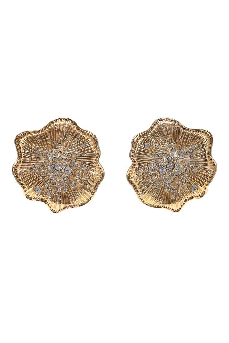 Image Gold Diamond Flower Earrings For Formal Occasions, Formal Gold Diamond Flower Earrings, Gold Clip-on Earrings In Flower Shape, Gold Clip-on Flower-shaped Earrings, Gold Clip-on Flower Shaped Jewelry, Gold Plated Flower Shaped Earrings, Tarnish Resistant Gold Flower Earrings For Anniversary, Gold Tarnish-resistant Flower Earrings For Anniversary, Gold Round Flower Earrings For Formal Occasions