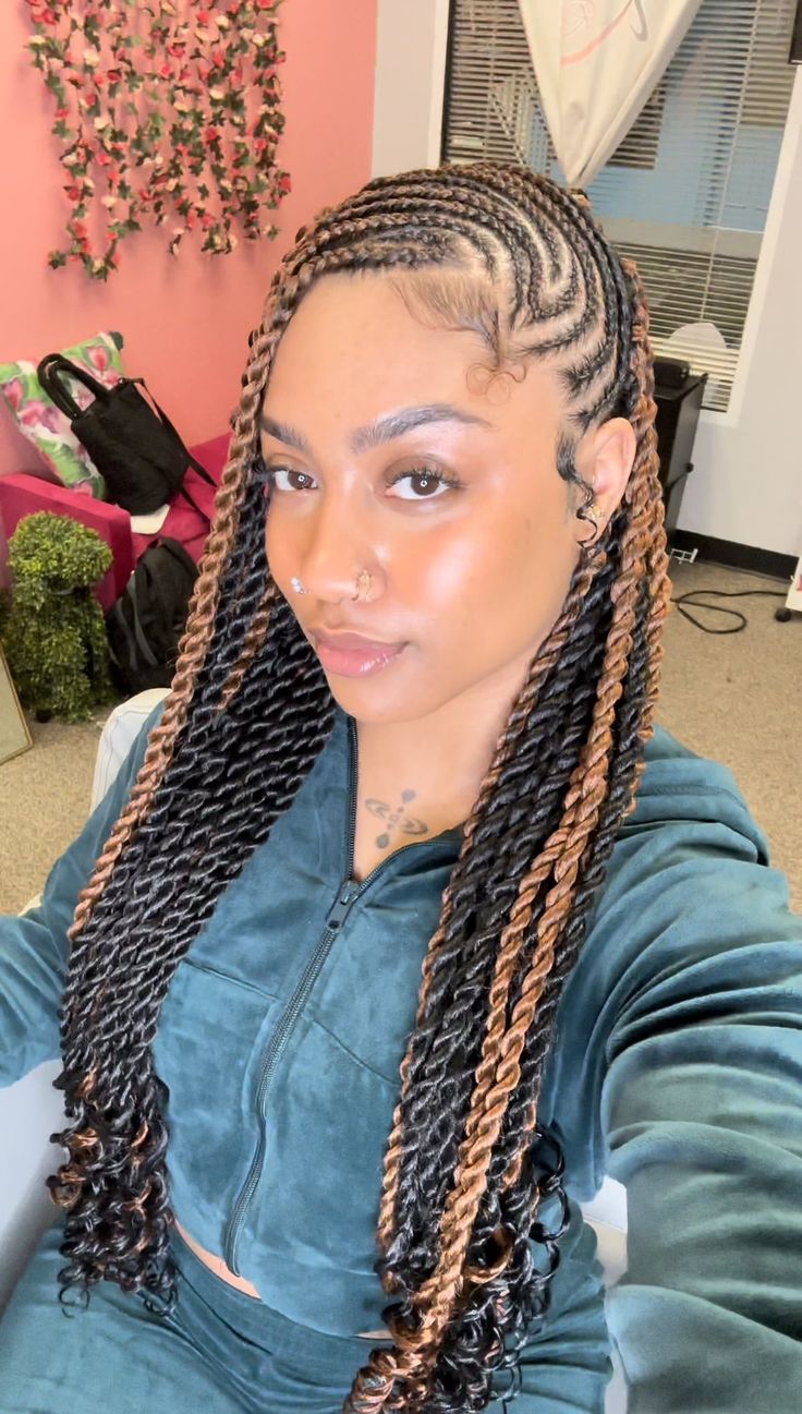 Dearra Cornrows, Braids With Individuals In The Back, Twist And Cornrow Hairstyles, Feed Ins With Knotless Braids, Cornrows Curly Ends, Half Straight Back Half Box Braids, Tyla Hairstyles Cornrows, Half Cornrows Half Box Braids Side Part, Lemonade Twists Hairstyles