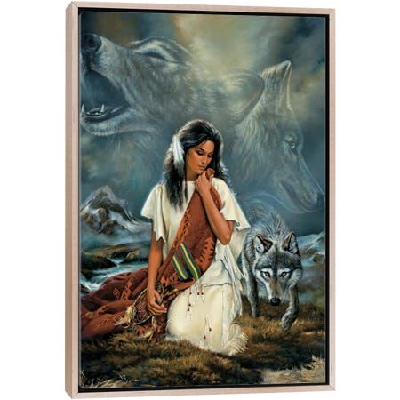 a painting of a native american woman sitting in front of two wolfs, with her hand on her chin