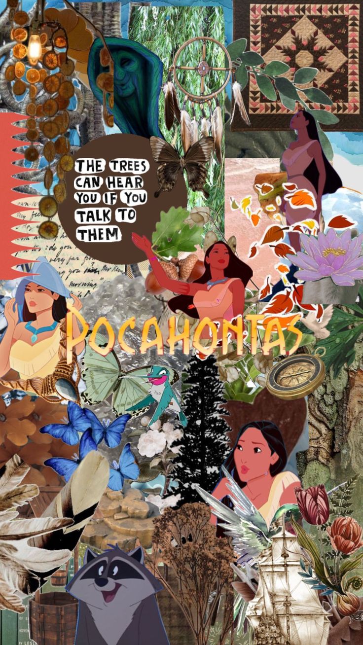 the collage is made up of many different pictures and text, including an image of pocahonia