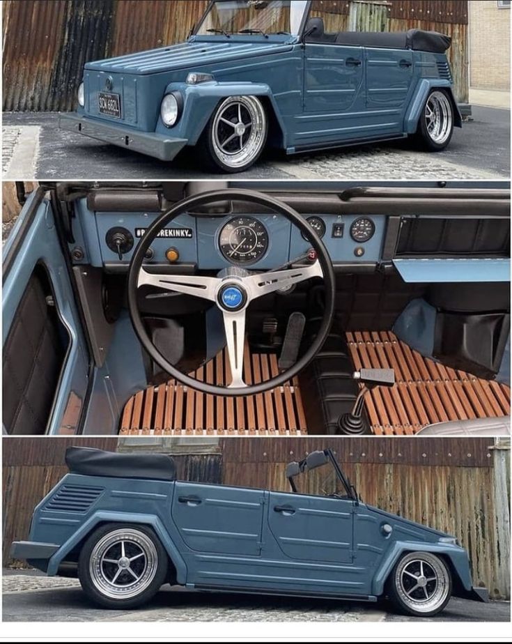 an old blue car is shown in three different pictures, one with the steering wheel up and