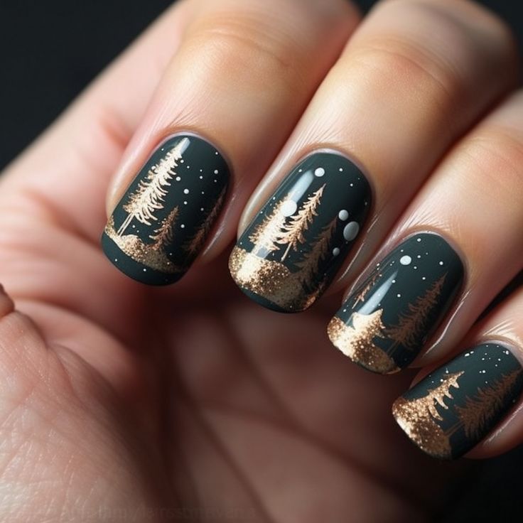 winter nails design forest green and earthy brown, nails with pine tree and reindeer designs Nails Mountain Design, Mountain Design Nails, Winter Forest Nails, Tree Design Nails, Modele Thonjsh, Fall Tree Nails, Pine Tree Nails, Forest Nail Art, Tree Nail Designs