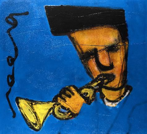 a painting of a man playing a trumpet