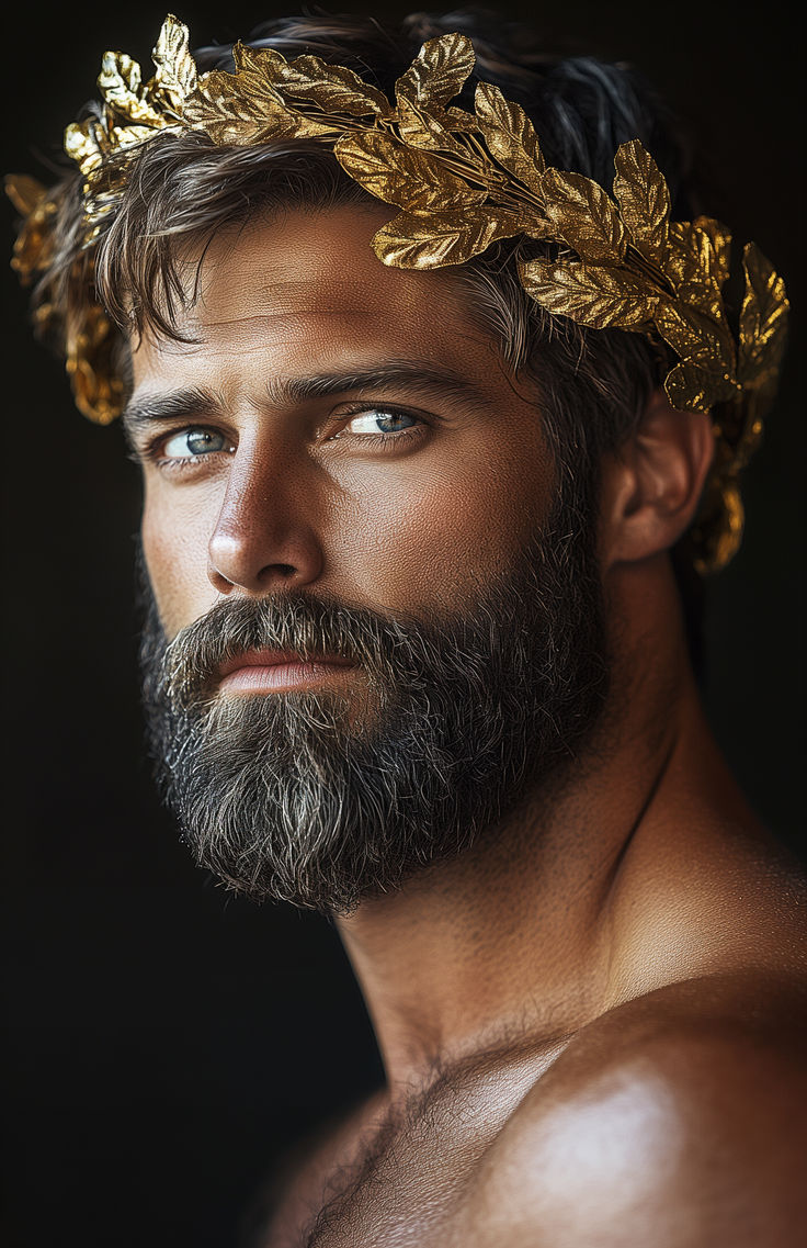 a man with a crown on his head wearing gold leaf hair and beard combs