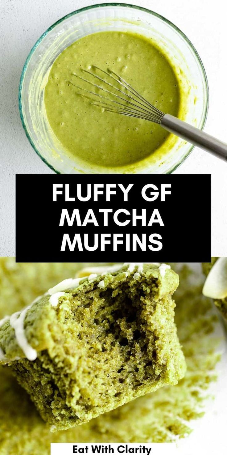 two pictures with the words fluffy gf matcha muffins