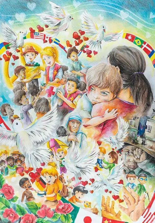 an image of children with doves and hearts in the sky, surrounded by angels